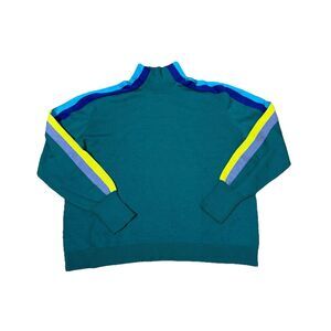 Edinburgh NWT Mock Neck rainbow sleeve blue teal Yellow pima cotton Large